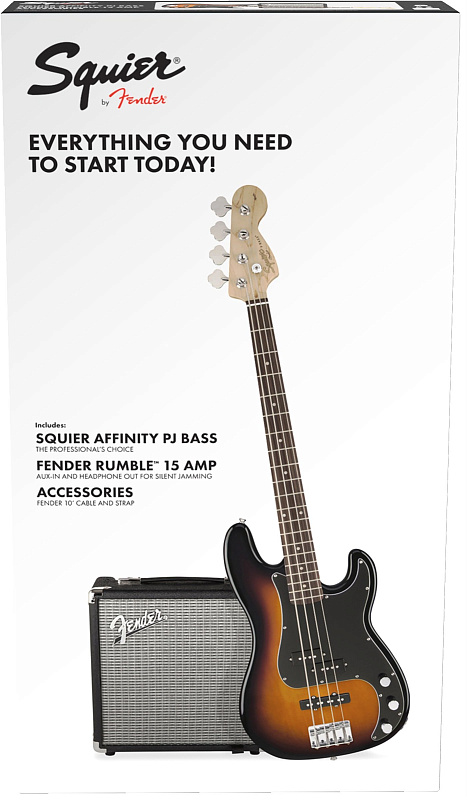 Фото Squier Affinity Series™ Precision Bass® PJ Pack, Laurel Fingerboard, Brown Sunburst, Gig Bag, Rumble 15 - 230V EU